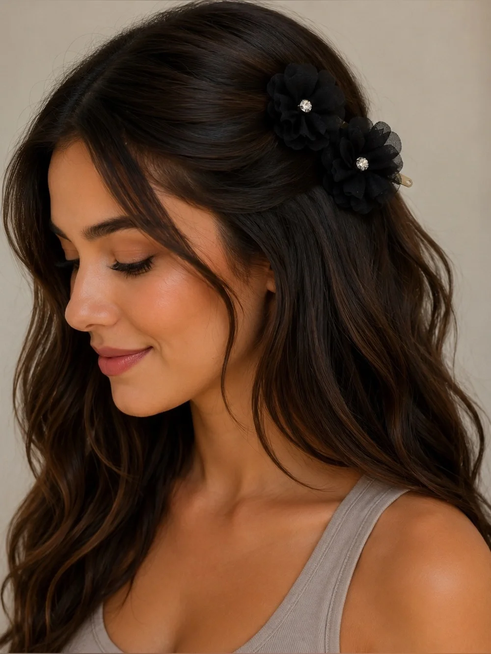 Set of 2 Black Floral Fabric Hair Clips with Rhinestone Accent